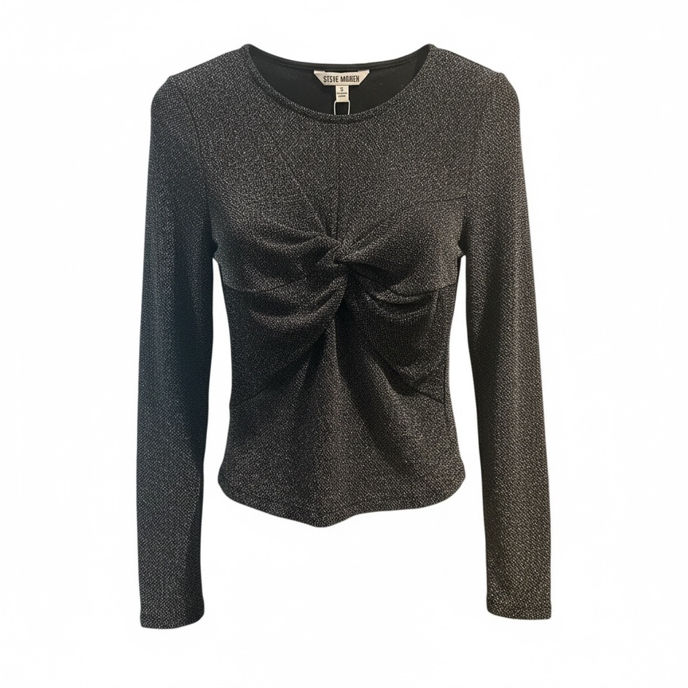 Steve Madden Shimmering Black Twist Front Long Sleeve Top